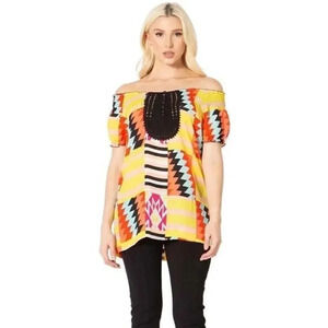 Vertigo Crochet Lace Printed Woven Colorful Short Sleeve Blouse S